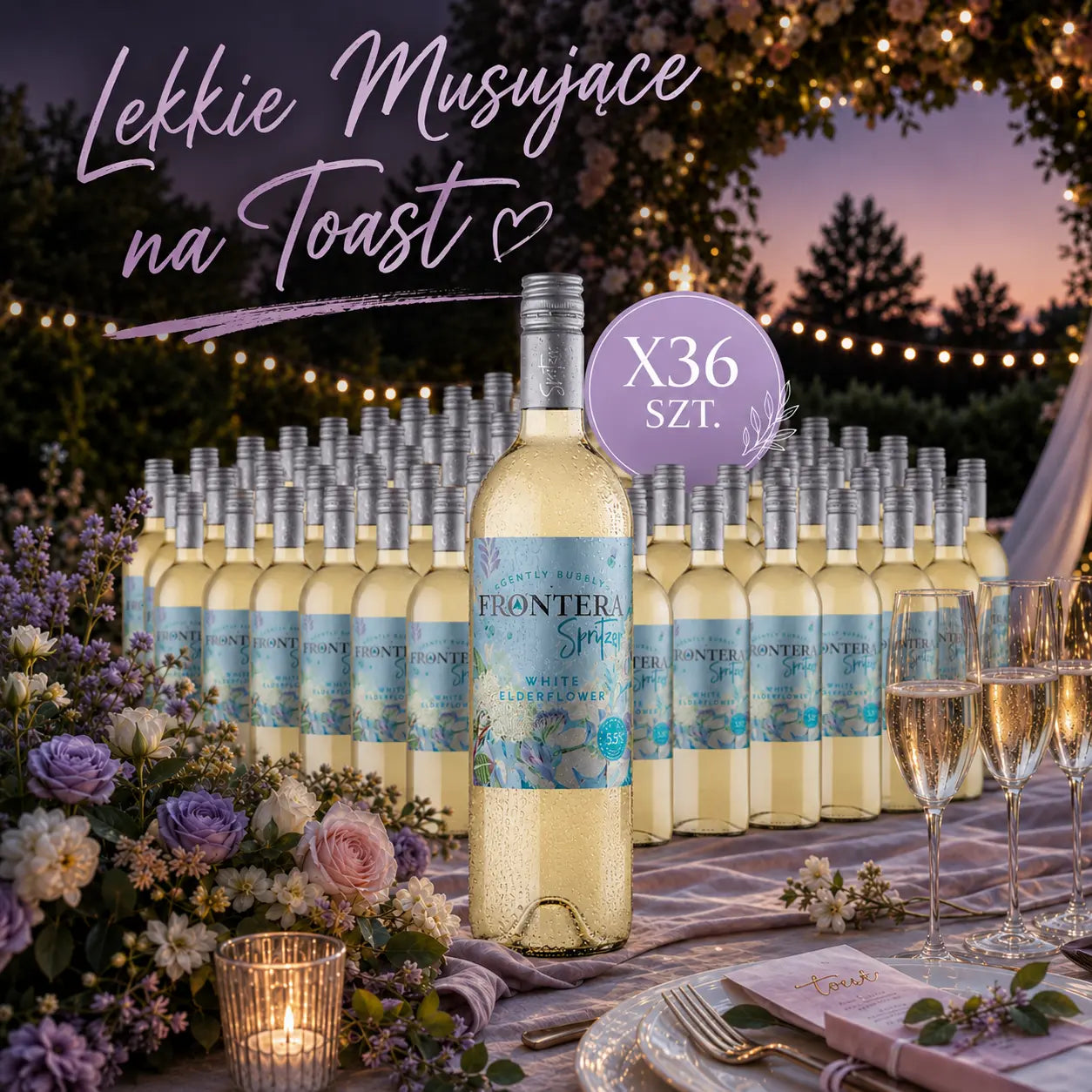 PAKIET LEKKIEGO WINA MUSUJĄCEGO NA TOAST FRONTERA SPRITZER WHITE ELDERFLOWER BIAŁE PÓŁSŁODKIE 0,75L DLA 120-150 OSÓB