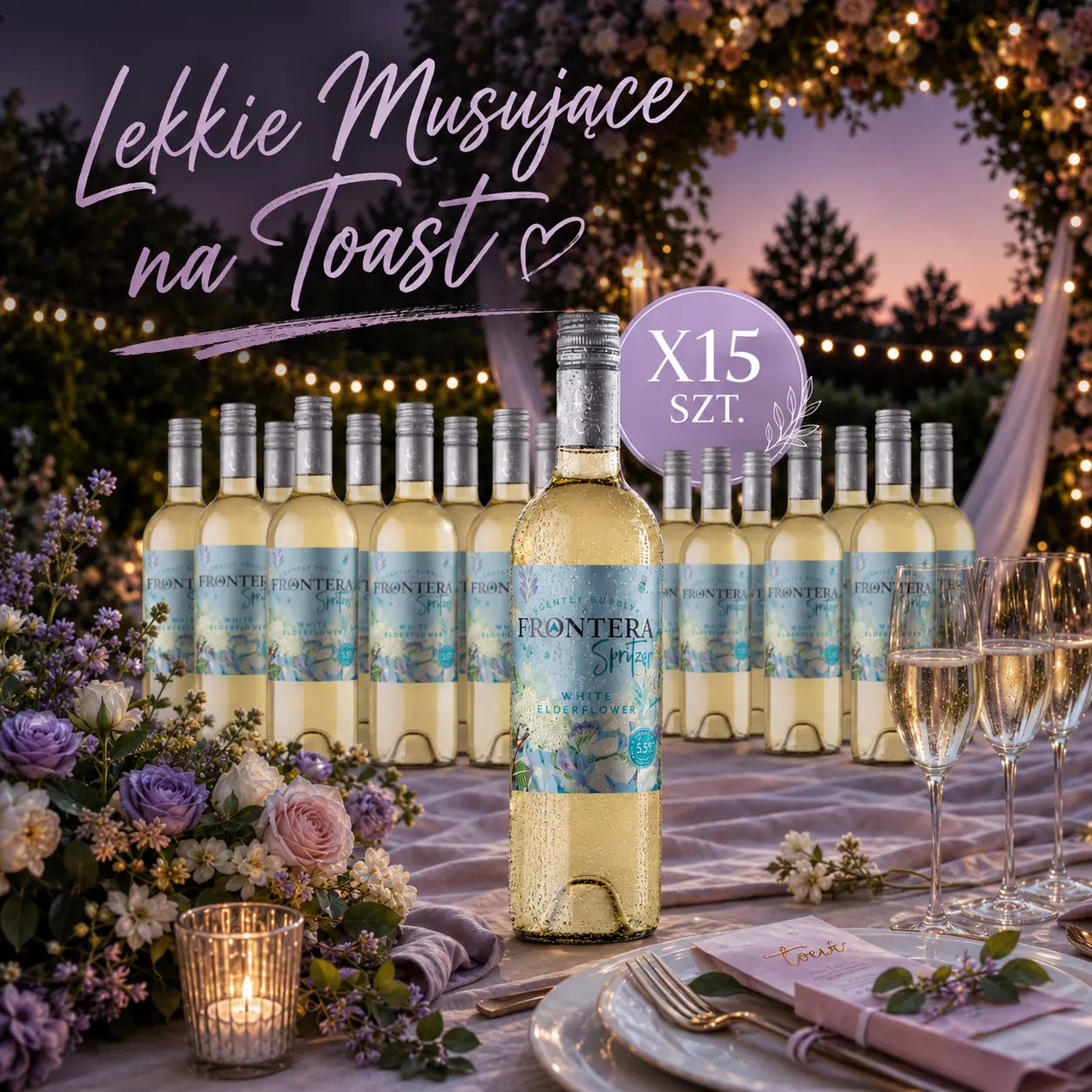 PAKIET LEKKIEGO WINA MUSUJĄCEGO NA TOAST FRONTERA SPRITZER WHITE ELDERFLOWER BIAŁE PÓŁSŁODKIE 0,75L DLA 60-80 OSÓB