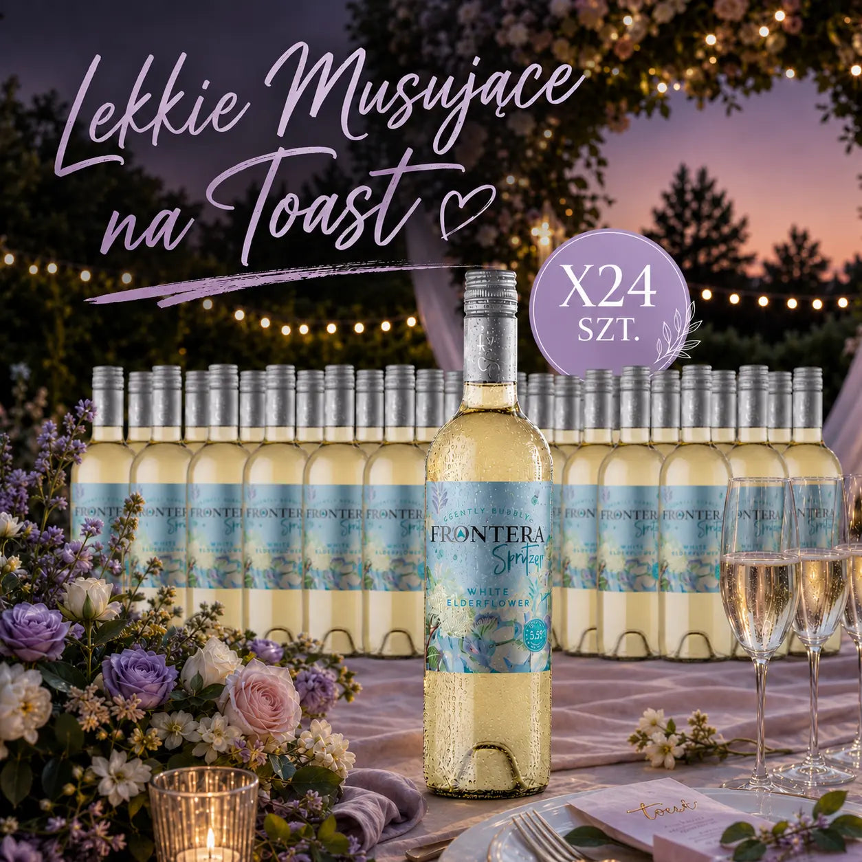 PAKIET LEKKIEGO WINA MUSUJĄCEGO NA TOAST FRONTERA SPRITZER WHITE ELDERFLOWER BIAŁE PÓŁSŁODKIE 0,75L DLA 80-120 OSÓB