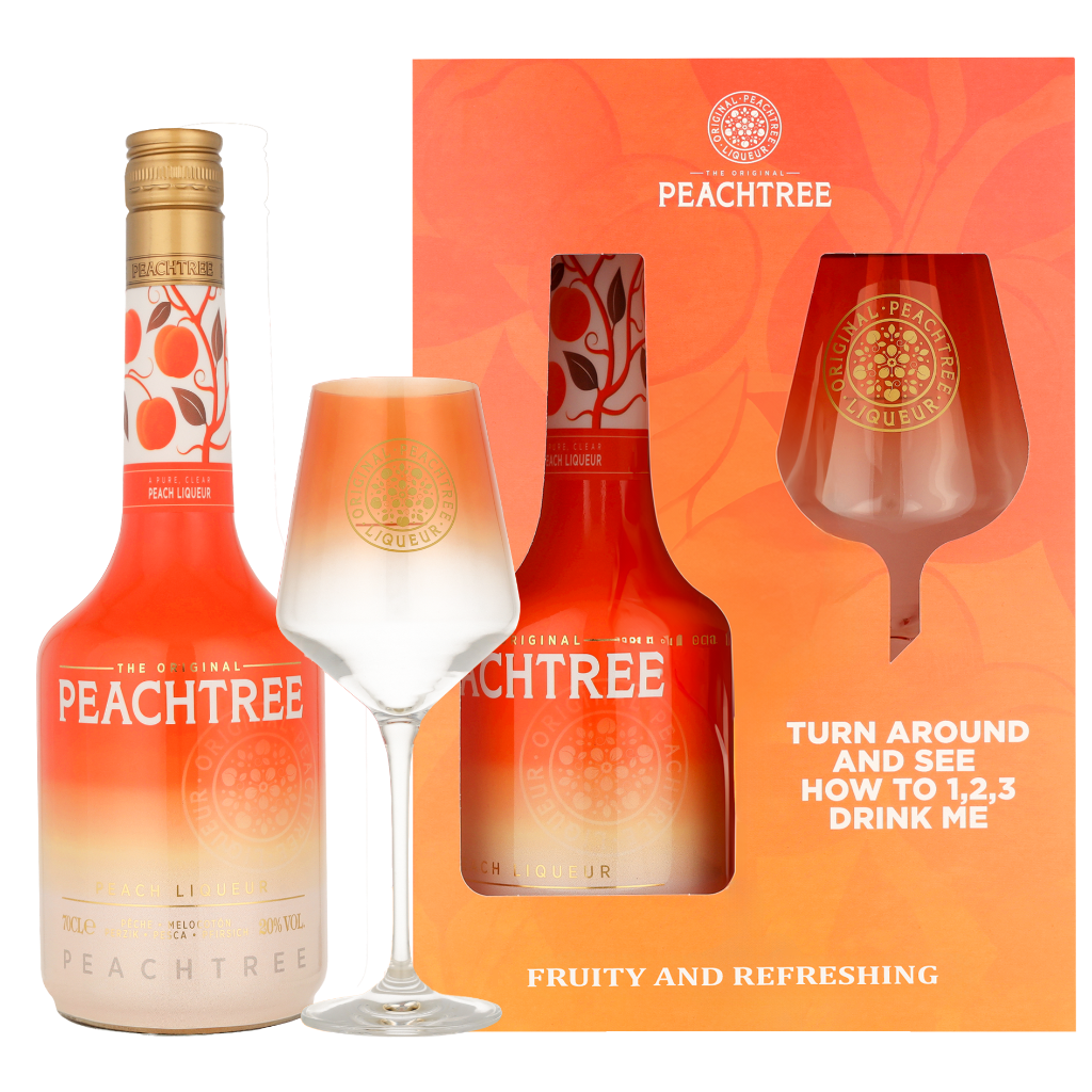 LIKIER BRZOSKWINIOWY DE KUYPER PEACHTREE 20% 0,7L W ZESTAWIE Z KIELISZKIEM