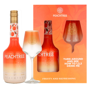 LIKIER BRZOSKWINIOWY DE KUYPER PEACHTREE 20% 0,7L W ZESTAWIE Z KIELISZKIEM