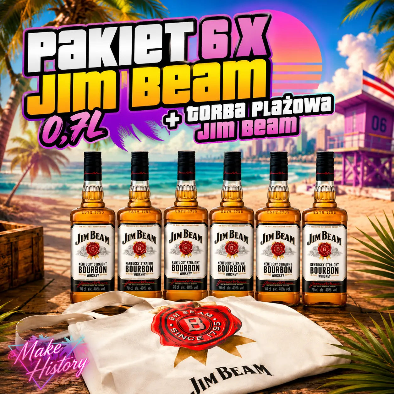 PAKIET 6 X JIM BEAM 40% 0,7L + TORBA PLAŻOWA JIM BEAM GRATIS