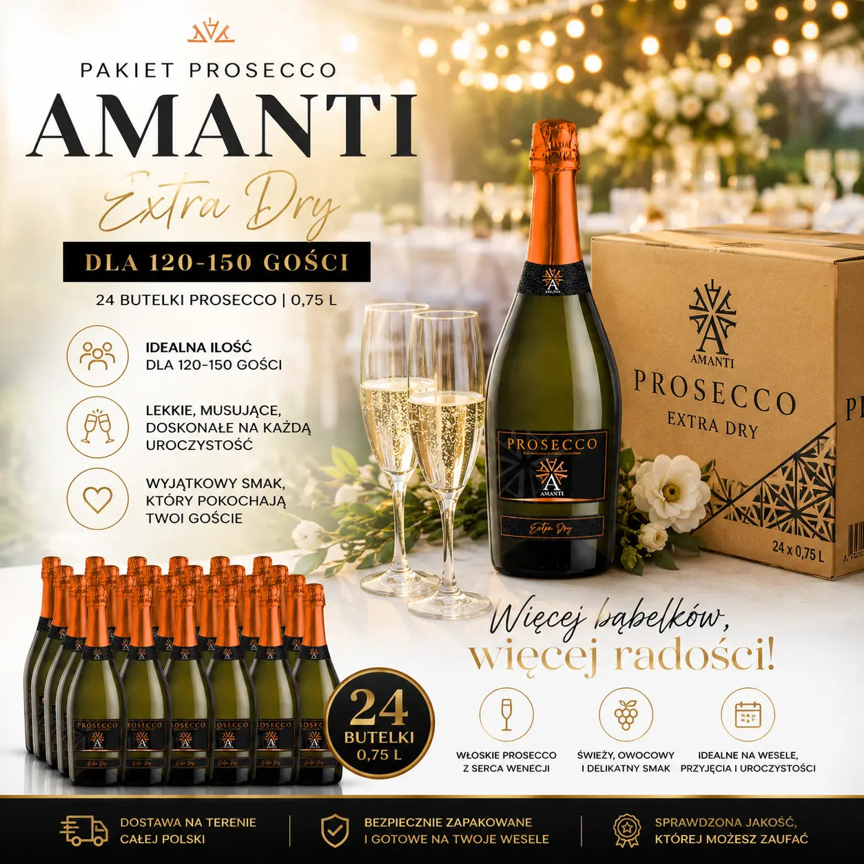 PAKIET PROSECCO NA WESELE AMANTI DLA 120-150 OSÓB - 24 SZTUKI