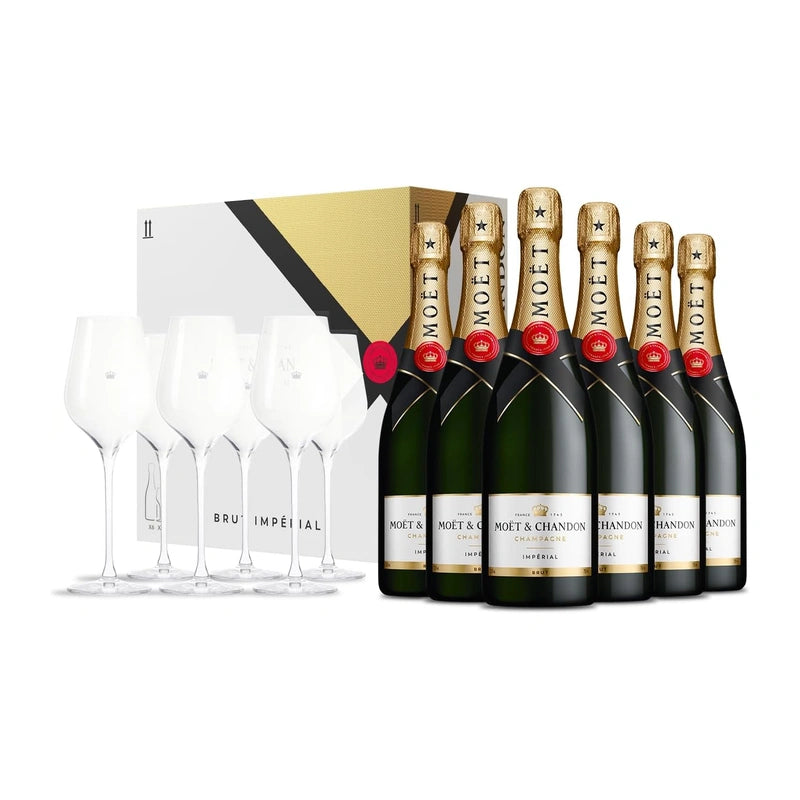 ZESTAW SZAMPAN MOET & CHANDON BRUT IMPERIAL 6 x 0,75L + 6 KIELISZKÓW MOET
